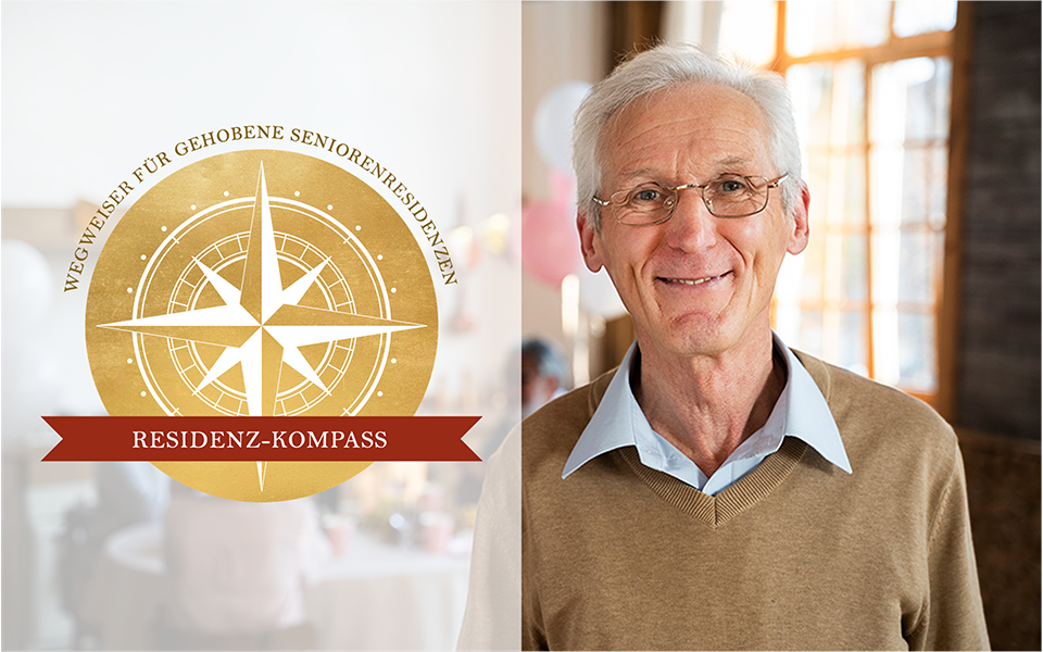 Wohlhabender älterer Mann mit Logo Residenz-Kompass